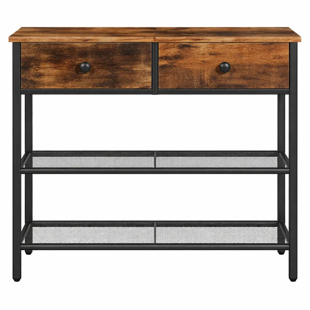 Table Console d'Entrée avec 2 Tiroirs en Tissu, Style Industriel, Marron et Noir