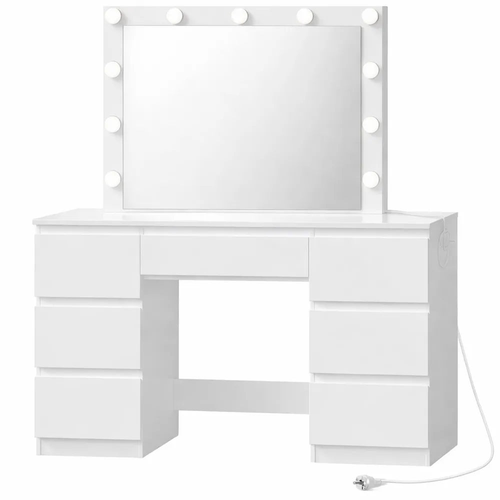 Coiffeuse Moderne avec Miroir LED Ajustable, Table de Maquillage avec Prise, 7 Tiroirs, Blanc