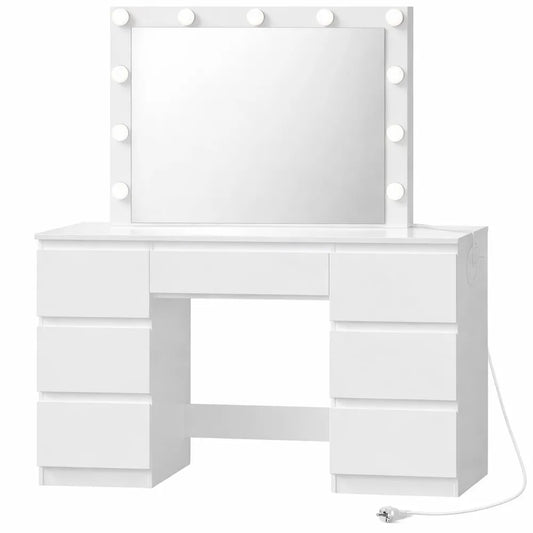 Coiffeuse Moderne avec Miroir LED Ajustable, Table de Maquillage avec Prise, 7 Tiroirs, Blanc