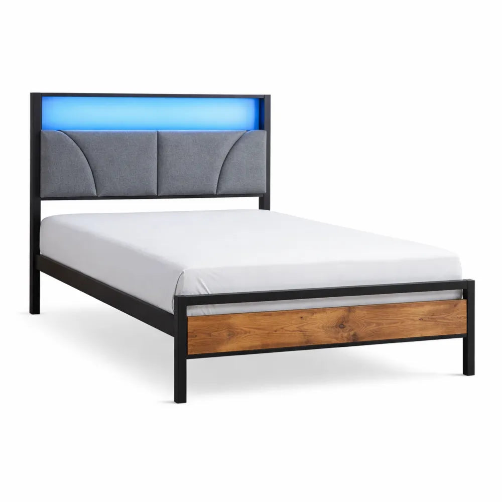 Lit Simple 90x200 avec LED et Multiprise, Métal avec Rangement