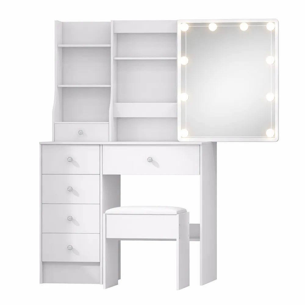 Table de Maquillage avec Miroir et Lumière, 6 Tiroirs et Étagères, Blanc