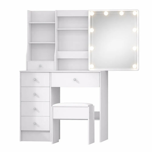 Table de Maquillage avec Miroir et Lumière, 6 Tiroirs et Étagères, Blanc
