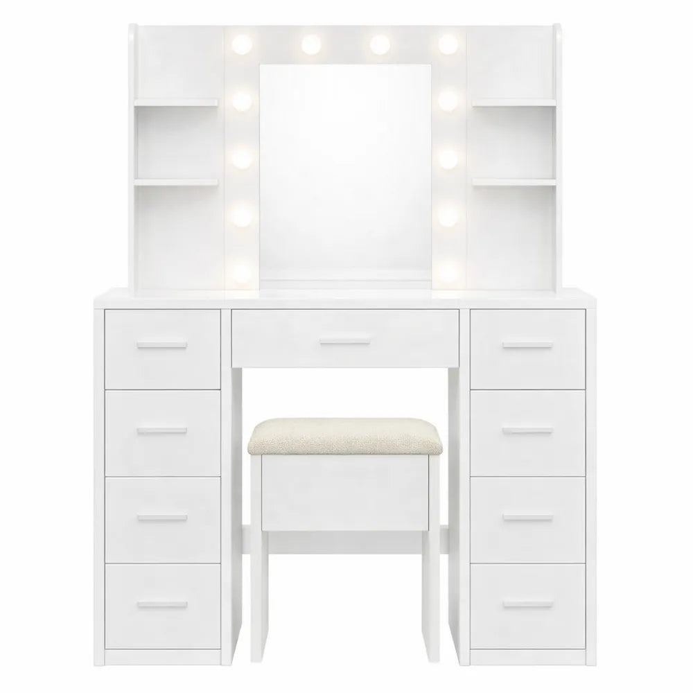 Table de Maquillage Moderne avec Miroir et Tabouret, Éclairage LED Réglable, 7 Tiroirs et 4 Étagères de Rangement
