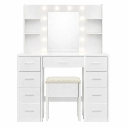 Table de Maquillage Moderne avec Miroir et Tabouret, Éclairage LED Réglable, 7 Tiroirs et 4 Étagères de Rangement