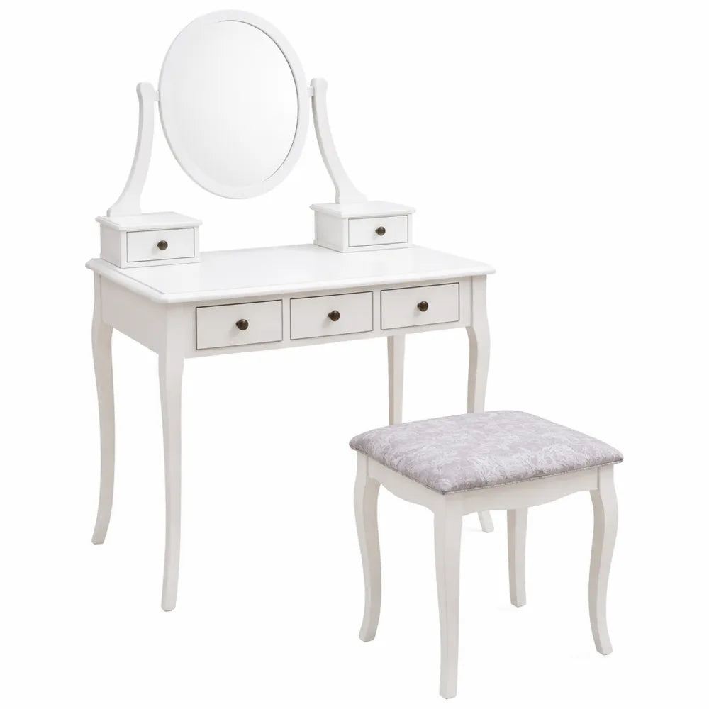 Table de Maquillage avec Miroir et Tabouret, 5 Tiroirs, Structure en Bois